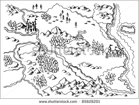 Drawing Of A Map Of A Fantasy Land Showing Rivers Mountain Range