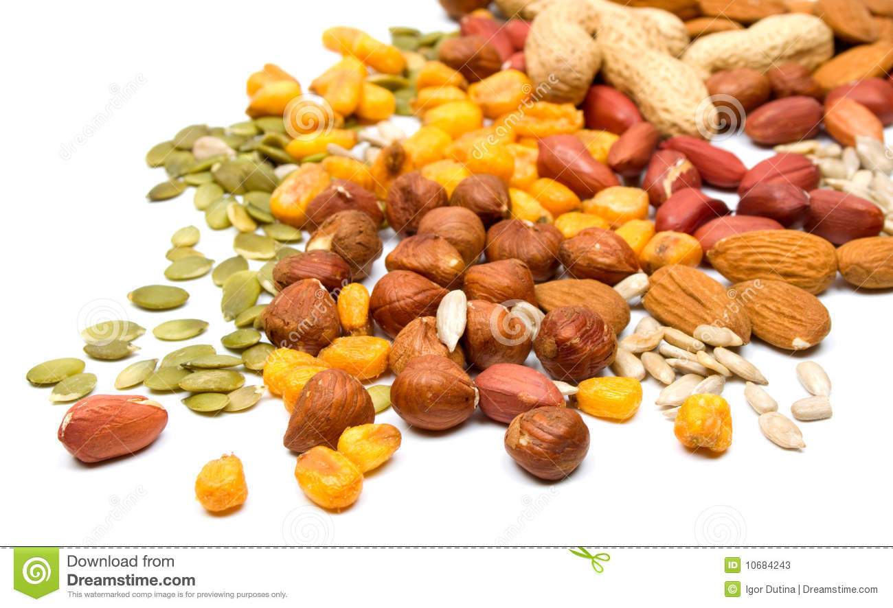 Mixed Nuts And Seeds Isolated On White Background