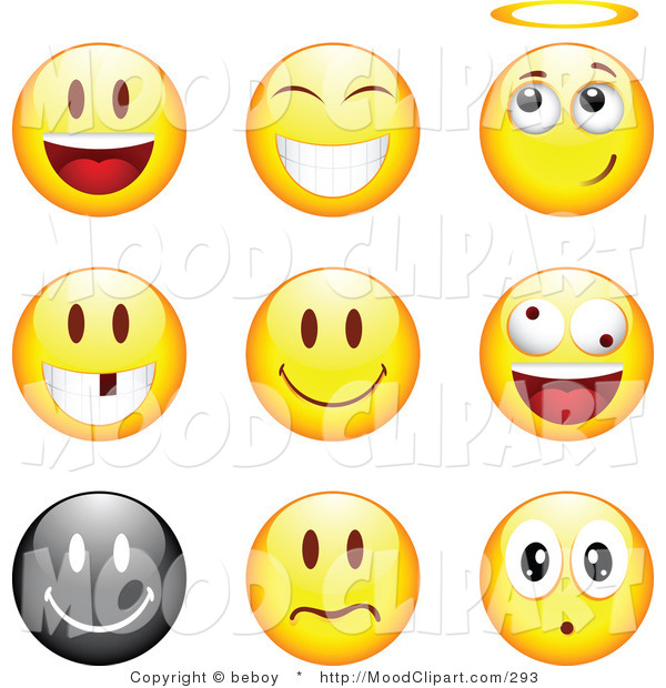    Round Happy Angelic Goofy And Upset Black And Yellow Emoticon Faces