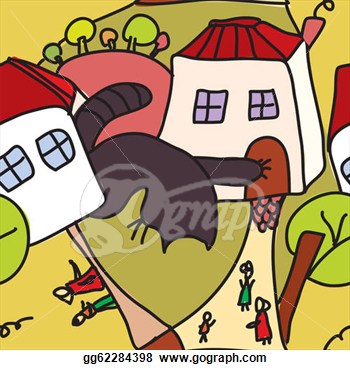 Clip Art   Whimsical Seamless Pattern With Cat Houses And People