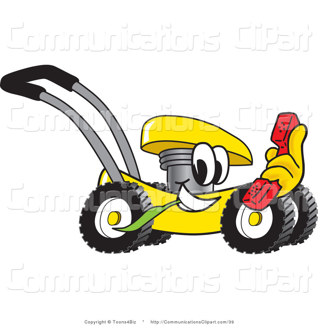 Communication Clipart Of A Yellow Cartoon Lawn Mower Mascot Character    