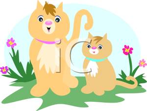 Of A Whimsical Mother Cat And Kitten   Royalty Free Clipart Picture