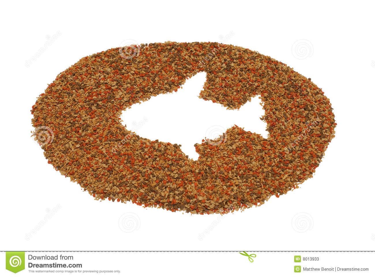 Pile Of Pet Fish Food On A White Background With The Shape Of A Fish    