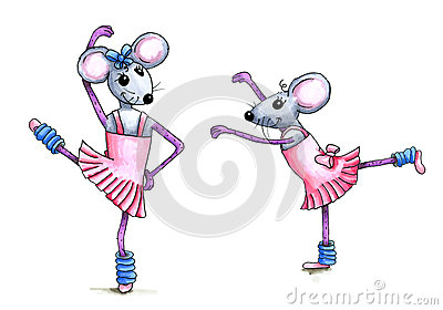 Watercolor Illustration Of Two Dancing Ballerina Mice