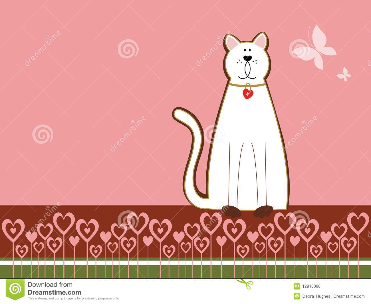 Whimsical Cat With Heart Tag And Heart Flowers   Butterfies To The
