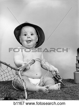 1960s Baby Girl Wearing Fishing Hat Holding Net And Reel Fishing Gear    