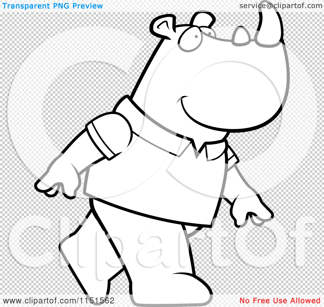 Cartoon Clipart Of A Black And White Rhino Wearing A Shirt And Walking