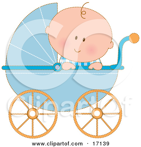 Caucasian Baby Boy In A Blue Stroller Carriage Looking Over