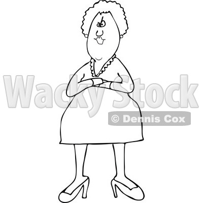 Clipart Of A Black And White Stern Or Angry Senior Woman With Folded