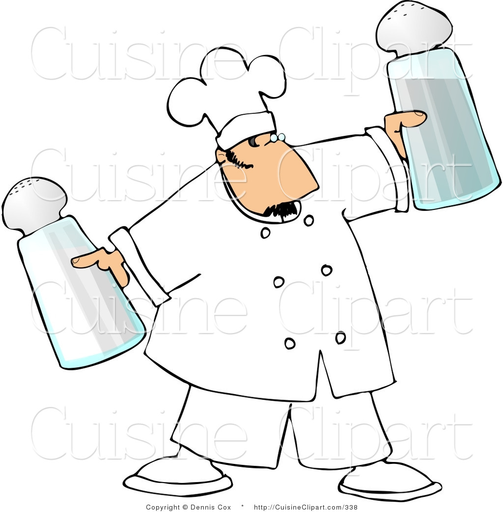 Clipart Of A Male Cook Holding Oversized Salt And Pepper Shakers By