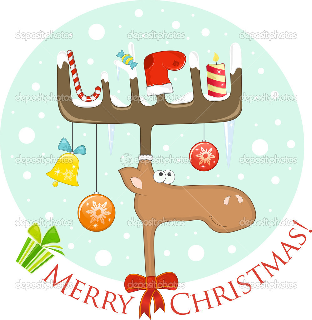 Funny Elk With Christmas Decoration On The Antlers   Stock Vector    