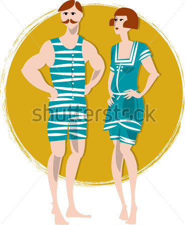 Recreation   Couple In Swimwears Art Deco Retrovector Illustration