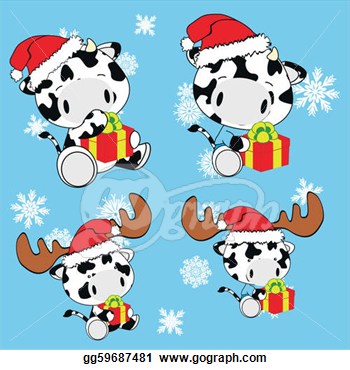 Vector Clipart   Cow Baby Cartoon Christmas Set In Vector Format    