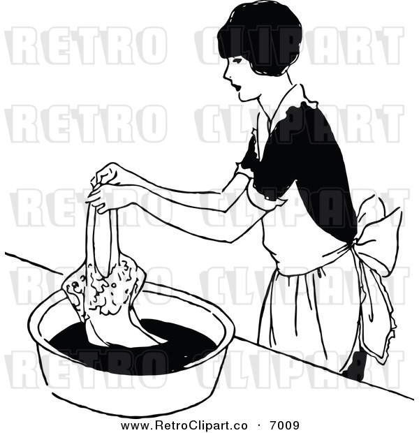 Vector Clipart Of A Retro Black And White Woman Hand Washing Clothes    