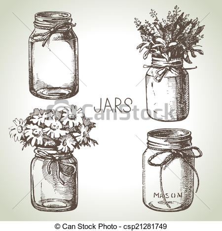 Vector   Rustic Mason And Canning Jars Hand Drawn Set  Sketch Design