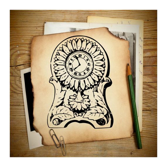     Vintage Graphic Antique Sunflower Table Clock Clipart Clip A