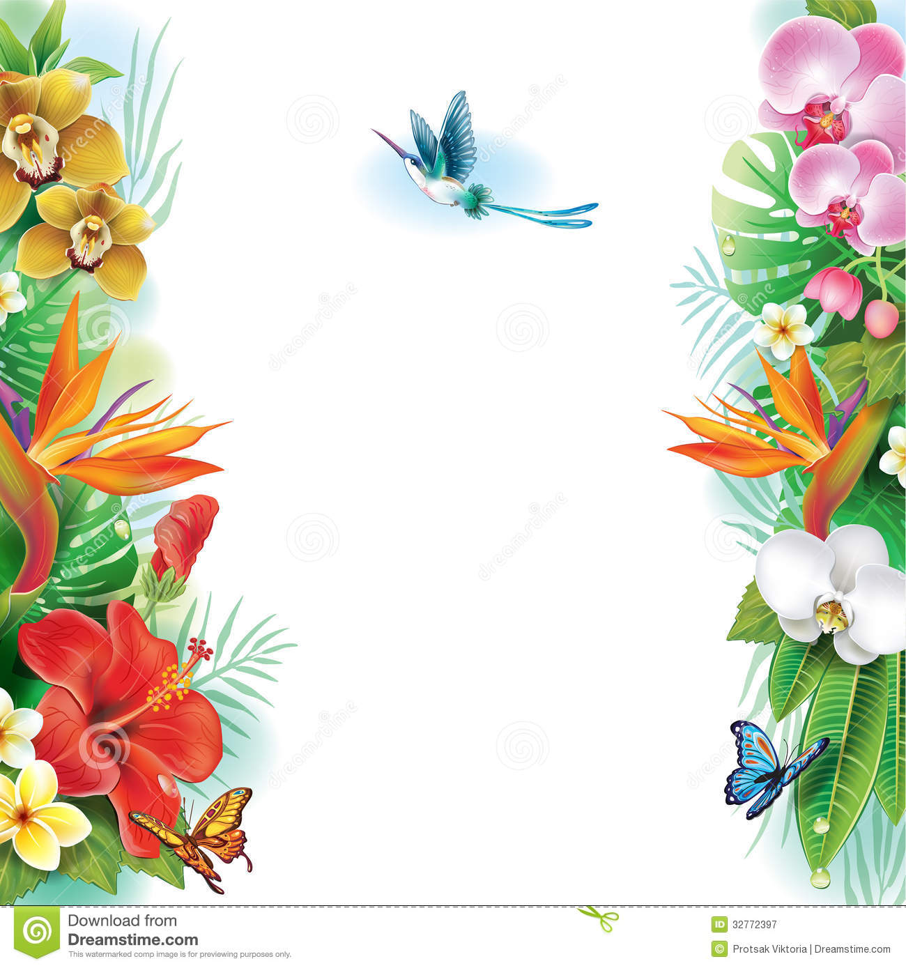 Border From Tropical Flowers And Leaves Royalty Free Stock Photography    
