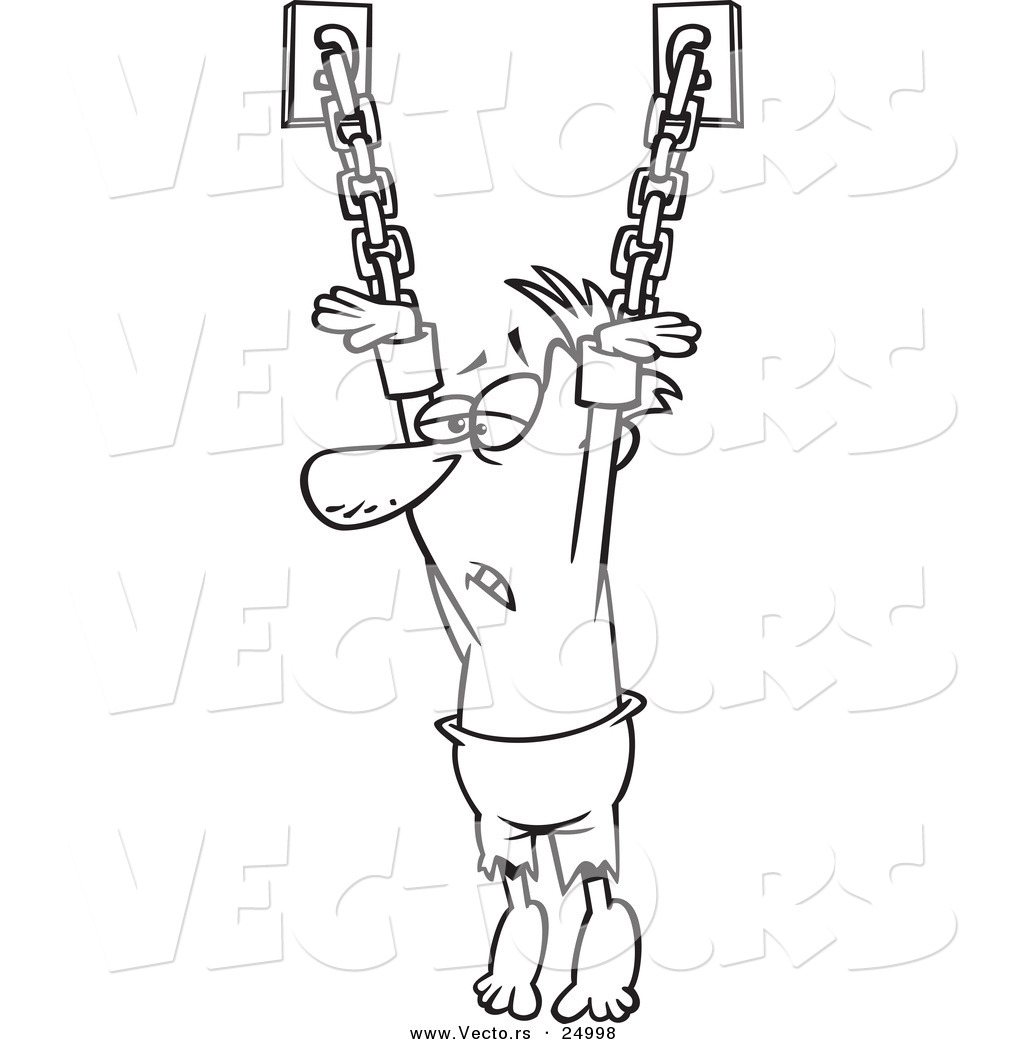 Cartoon Male Prisoner Suspended From Chains   Outlined Coloring Page