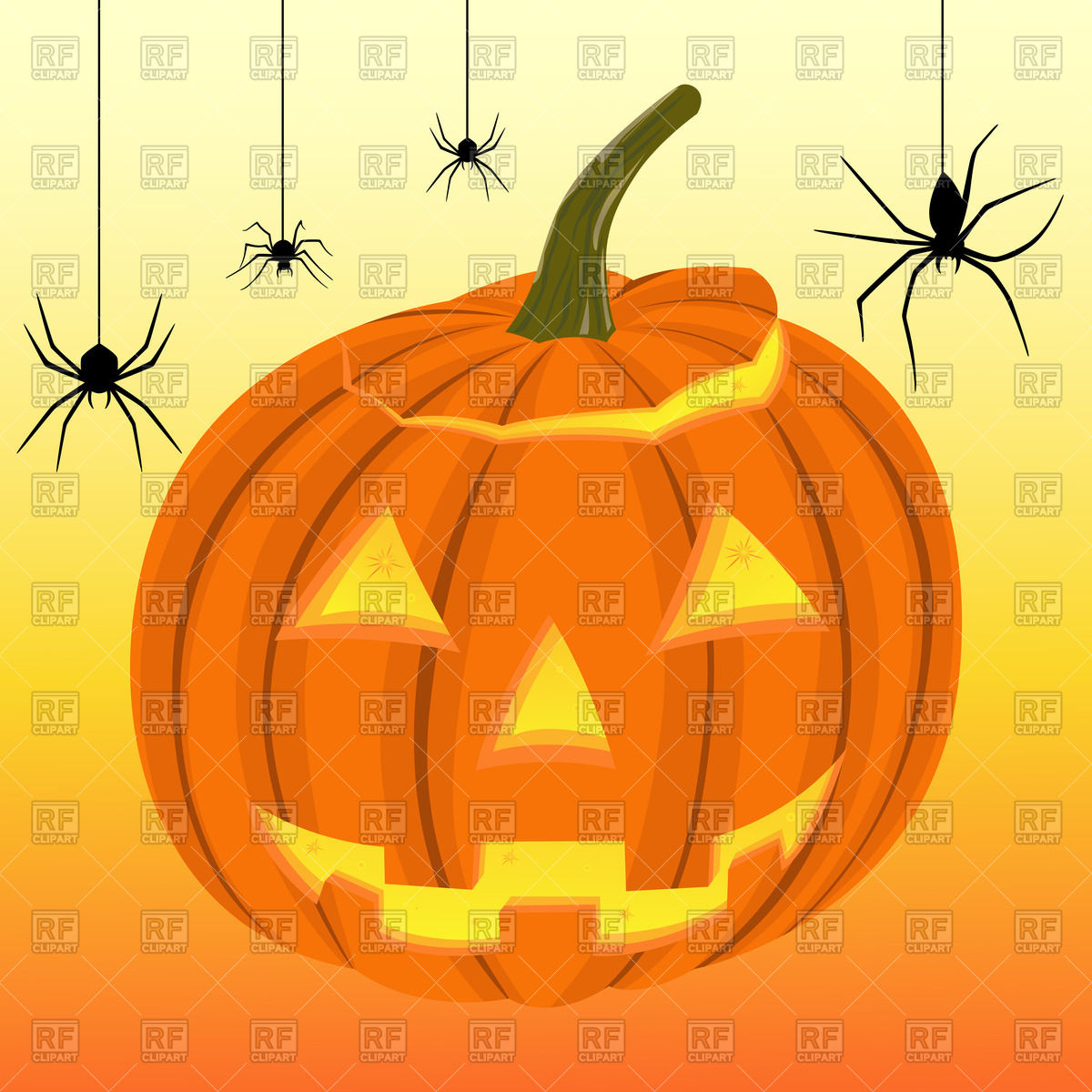 Jack O Lantern   Smiling Halloween Pumpkin And Black Spiders Hanging
