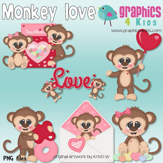 Monkey Love Valentine Digital Clipart   Clip Art For Scrapbooking