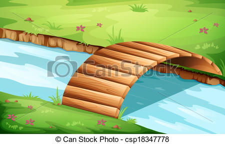 Of A Wooden Bridge At The River   Illustration Of A Wooden