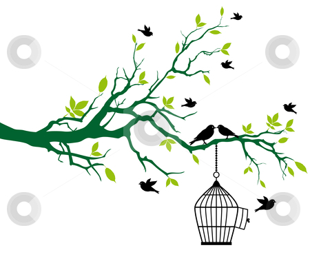 On Spring Tree With Birdcage And Kissing Birds Stock Vector Clipart
