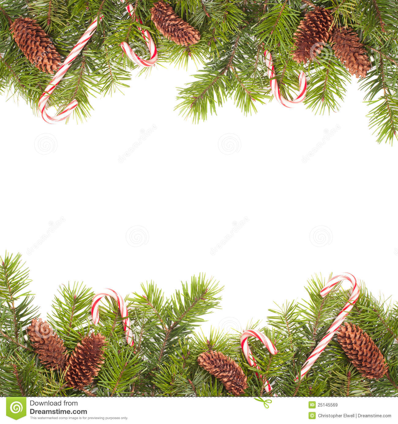 Pine Cone Christmas Border With Candy Canes On White Background