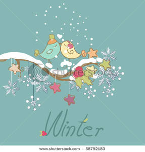 Two Birds Kissing On A Snowy Winter Branch Clipart Image