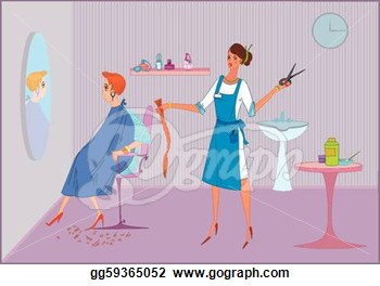 Vector Clipart   Beauty Salon Worker Girl Doing Haircut To Her Client