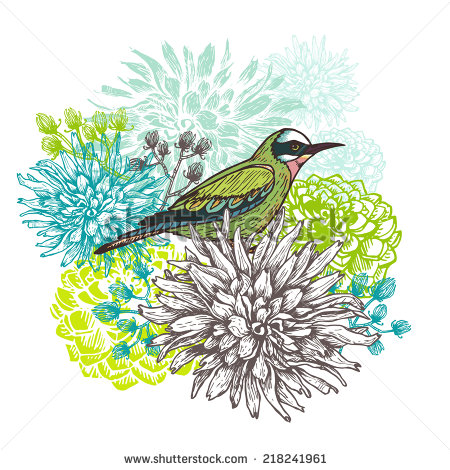 Vector Vintage Hand Drawn Illustration Of A Little Bird And Blooming
