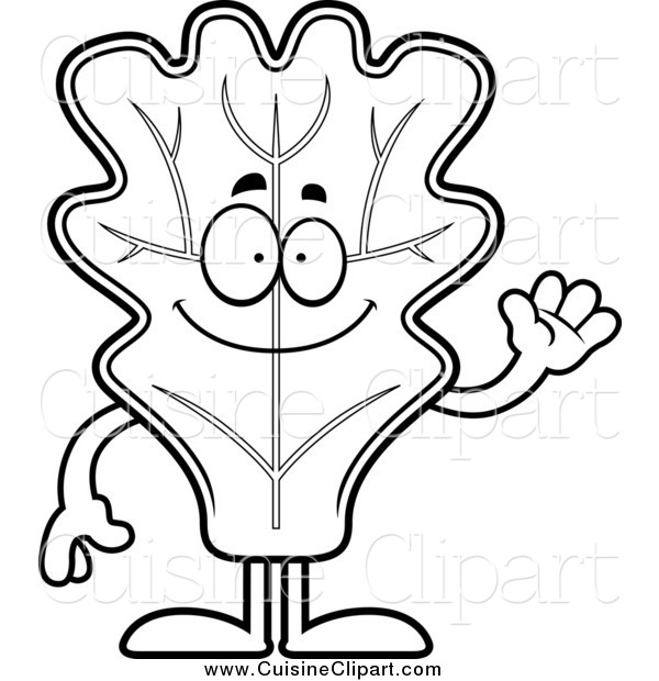 Cuisine Clipart Of A Black And White Friendly Waving Lettuce Mascot By