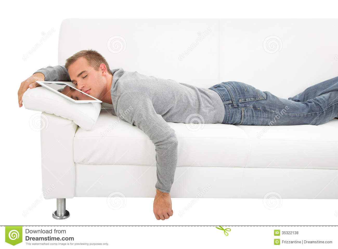 Man Sleeping On Couch Asian Boss Young Man With Headphones And Blue T
