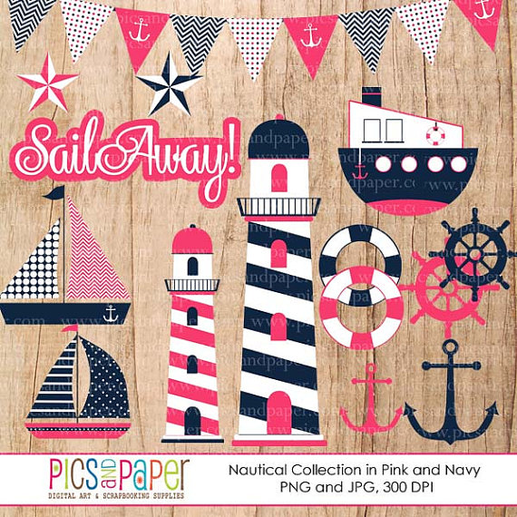 Nautical Digital Cliparts In Pink And Navy Blue  Lighthouse Tugboat
