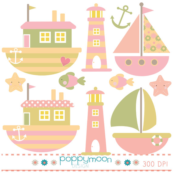 Nautical Girls Boats And Lighthouses Pink Green And Yellow Digital    