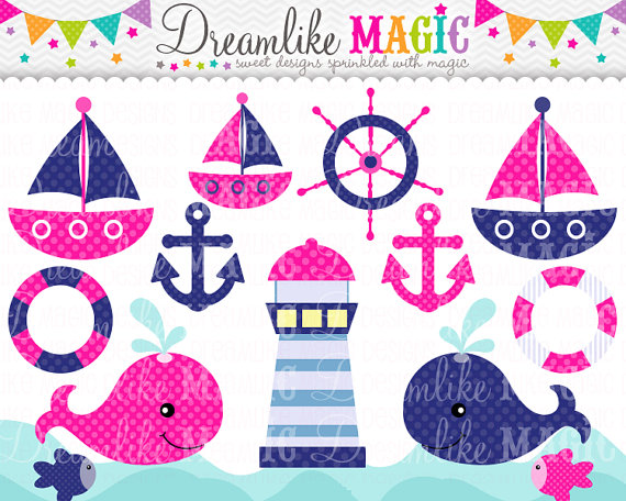 Pink And Navy Nautical Clipart  Clipart For Personal Or Commercial Use