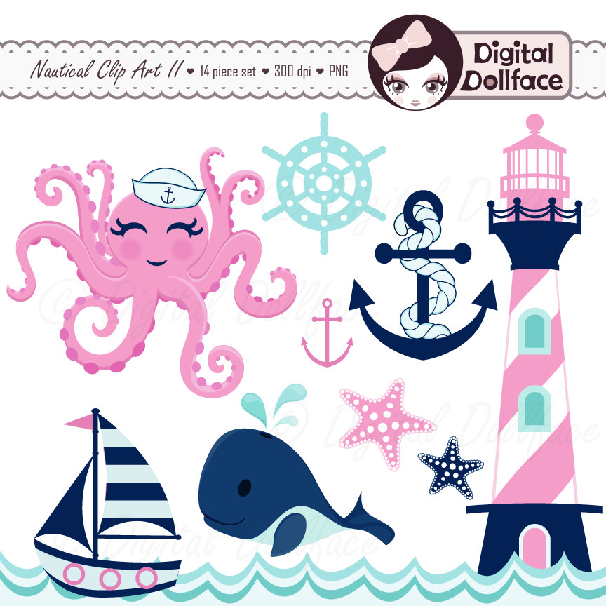 Pink Nautical Clip Art Girl Whale Octopus By Digitaldollface