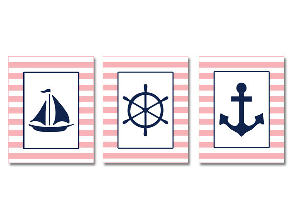 Pink Navy Nautical Nursery Sailboat Anchor Ship Wheel Navy Pink