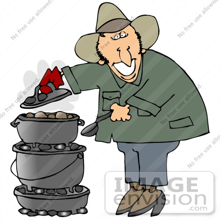 Clip Art Graphic Of A Happy Caucasian Guy Cooking Food On A Dutch Oven