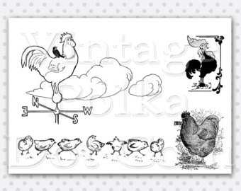 Vintage Clip Art Rooster Chicks Chicken Clipart Weather Vane Rooster