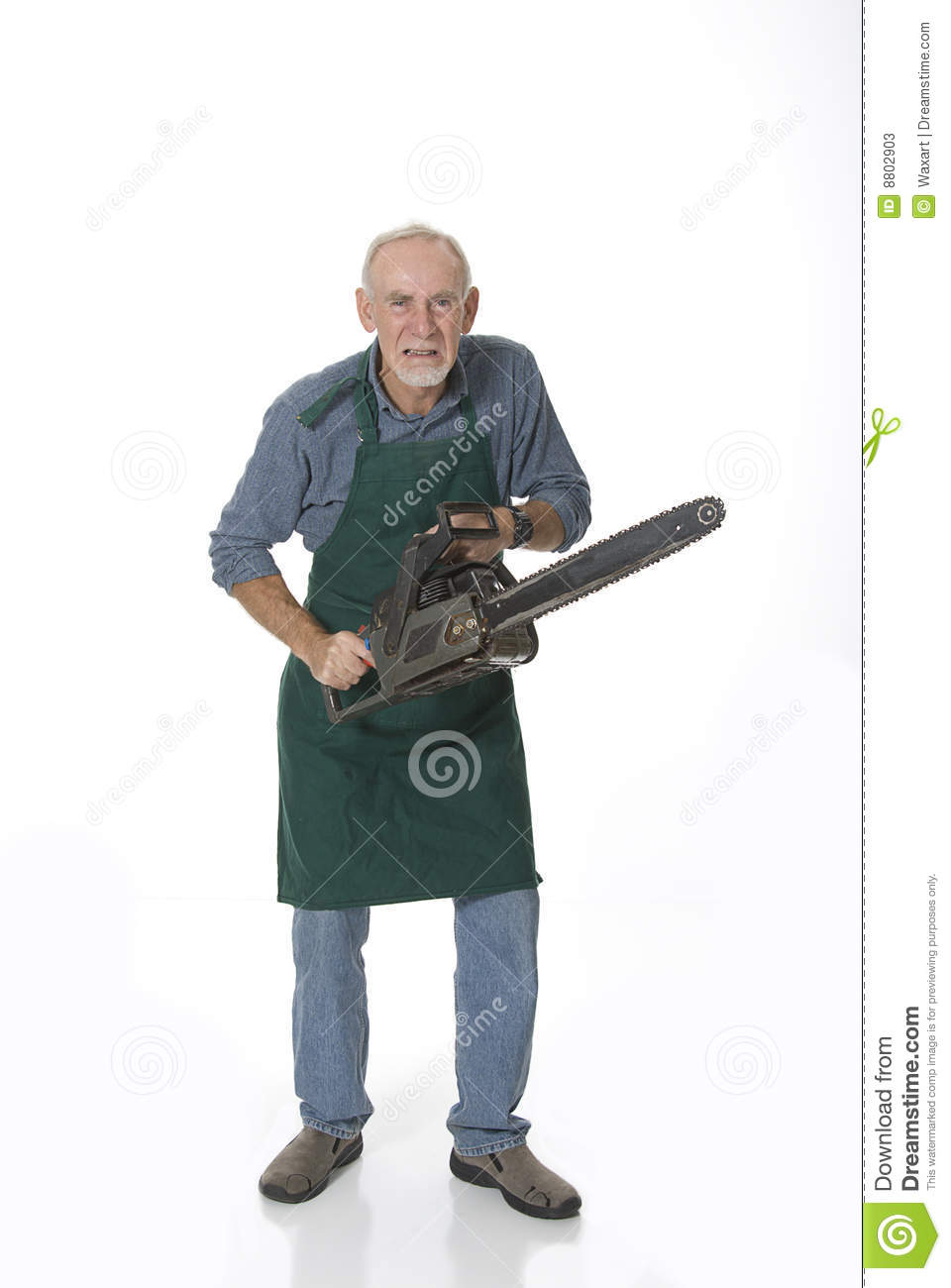 Angry Looking Old Man Wielding A Chainsaw  White Background