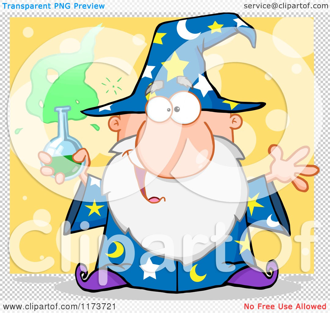 Cartoon Of A Crazy Old Wizard Man Holding A Potion Over Yellow