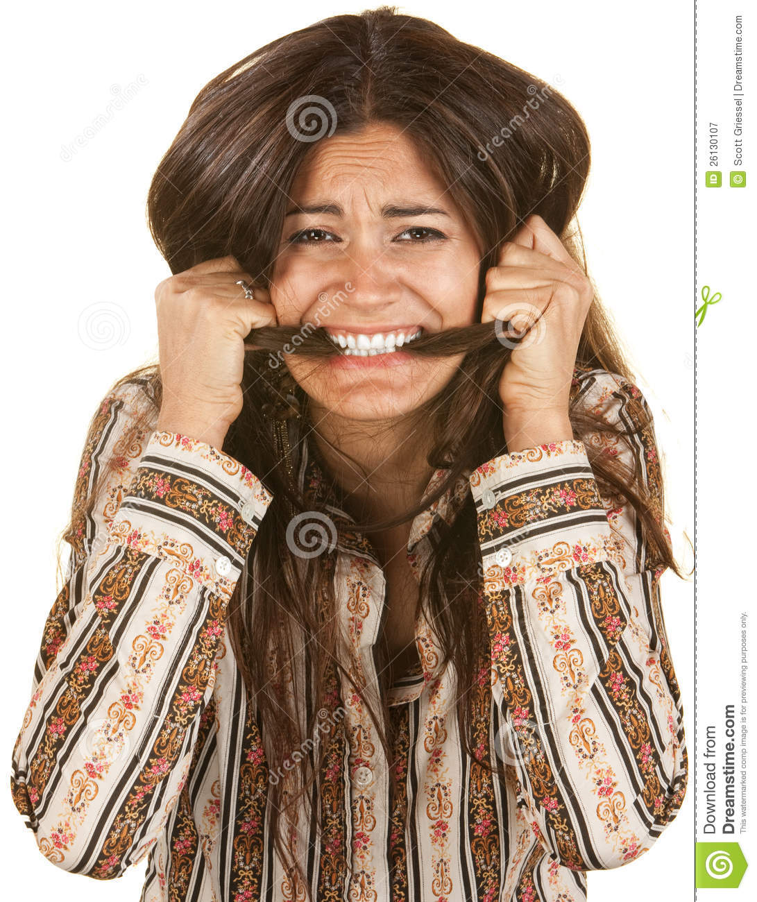 Frantic Woman Biting Her Hair Royalty Free Stock Photography   Image