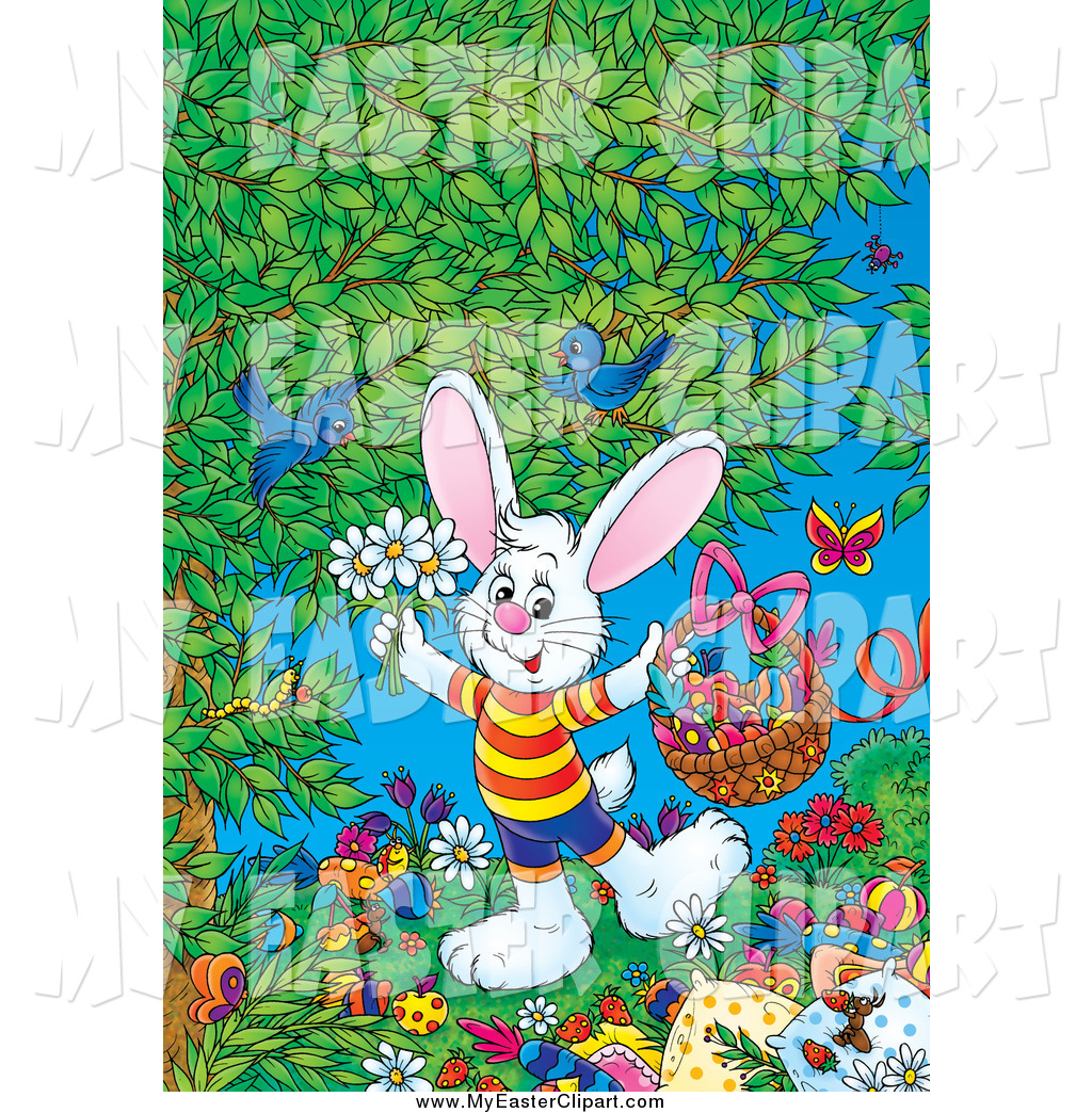 Larger Preview  Clip Art Of An Easter Bunny Holding Flowers And A
