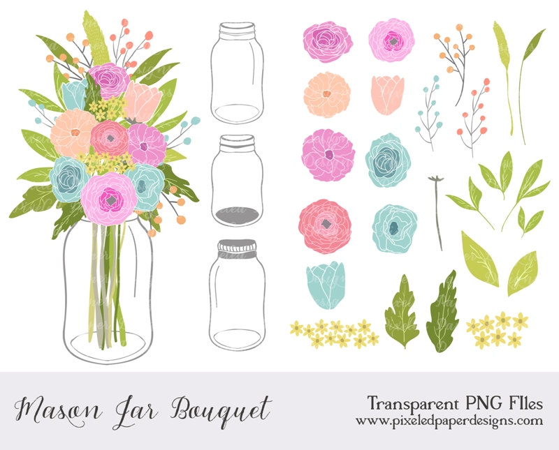 Mason Jar Flowers Clip Art  Flowers Clipart By Pixeledpaperdesigns