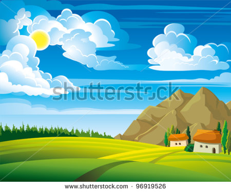 Mountain Cartoon Background Summer Green Landscape With Trees And    