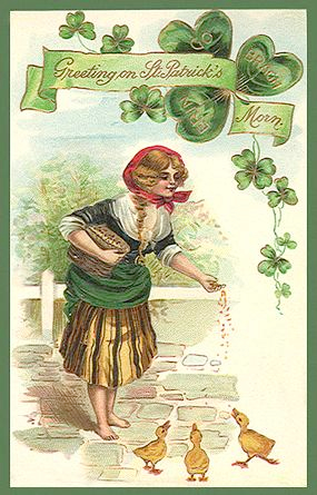 Vintage St  Patrick S Day Card  Farm Girl Feeding Ducklings