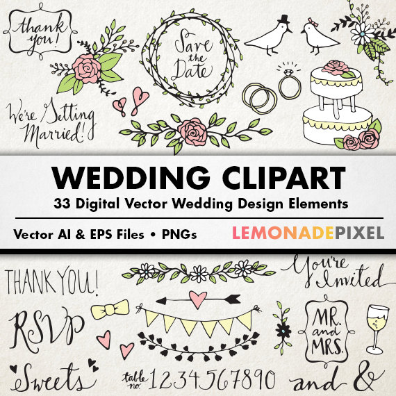 Wedding Clipart   Hand Drawn Clip Art Rustic Wedding Elements    