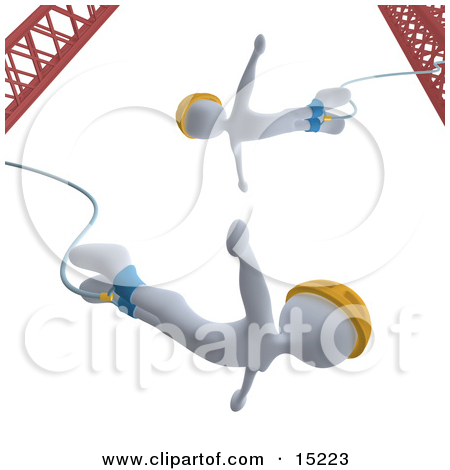 White Bungee Jumpers In Yellow Helmets Falling While Bungee Jumping    