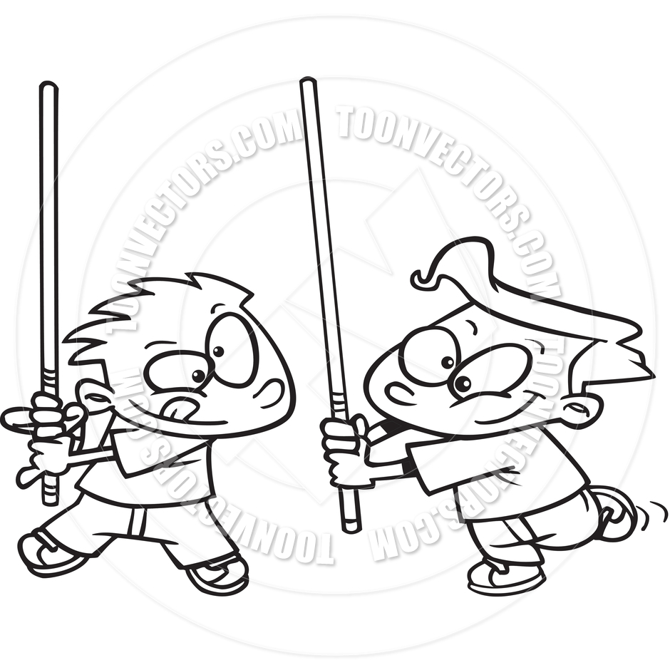 Cartoon Light Saber Fight  Black And White Line Art  By Ron Leishman