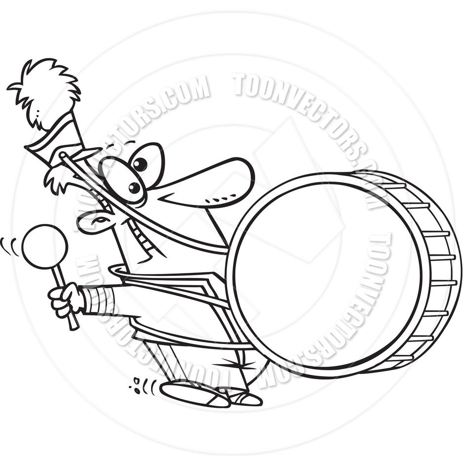 Cartoon Marching Band Drum  Black And White Line Art  By Ron Leishman    